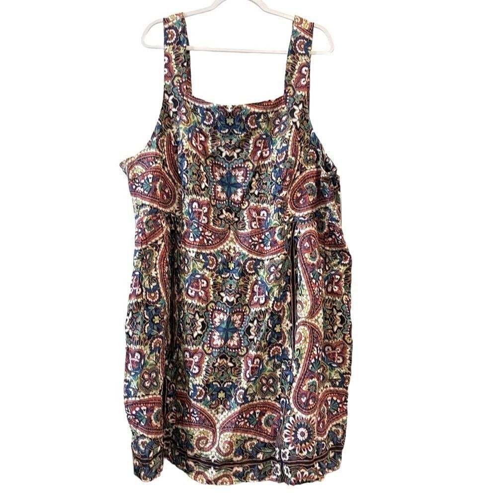 Lands End 100% Linen Colorful Pattern Sleeveless Pockets Dress Plus 26W